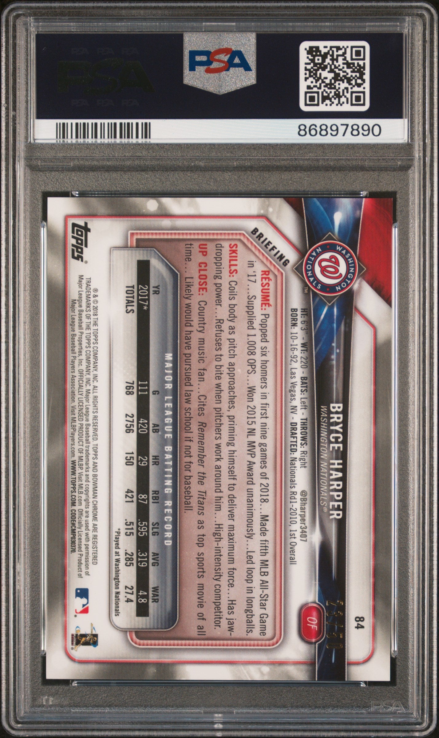 2018 Bowman Chrome Bryce Harper #84 PSA 9