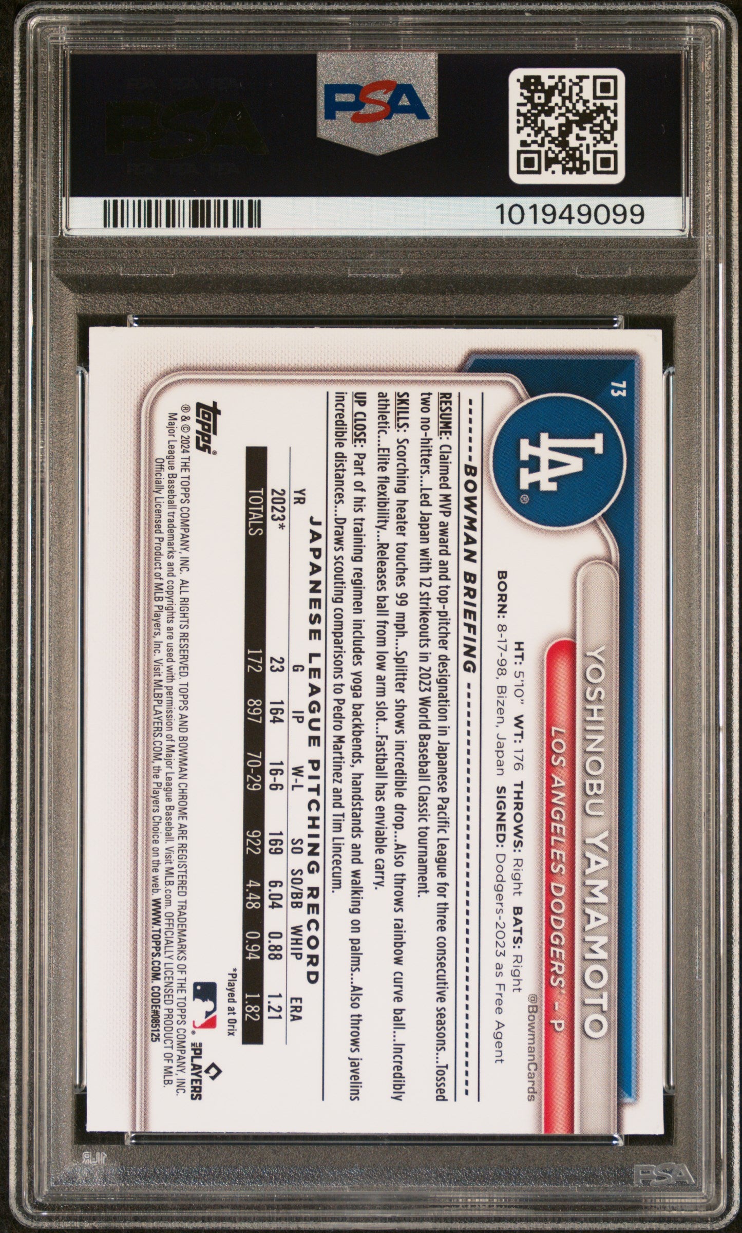 2024 Bowman Chrome Yoshinobu Yamamoto #73 PSA 9
