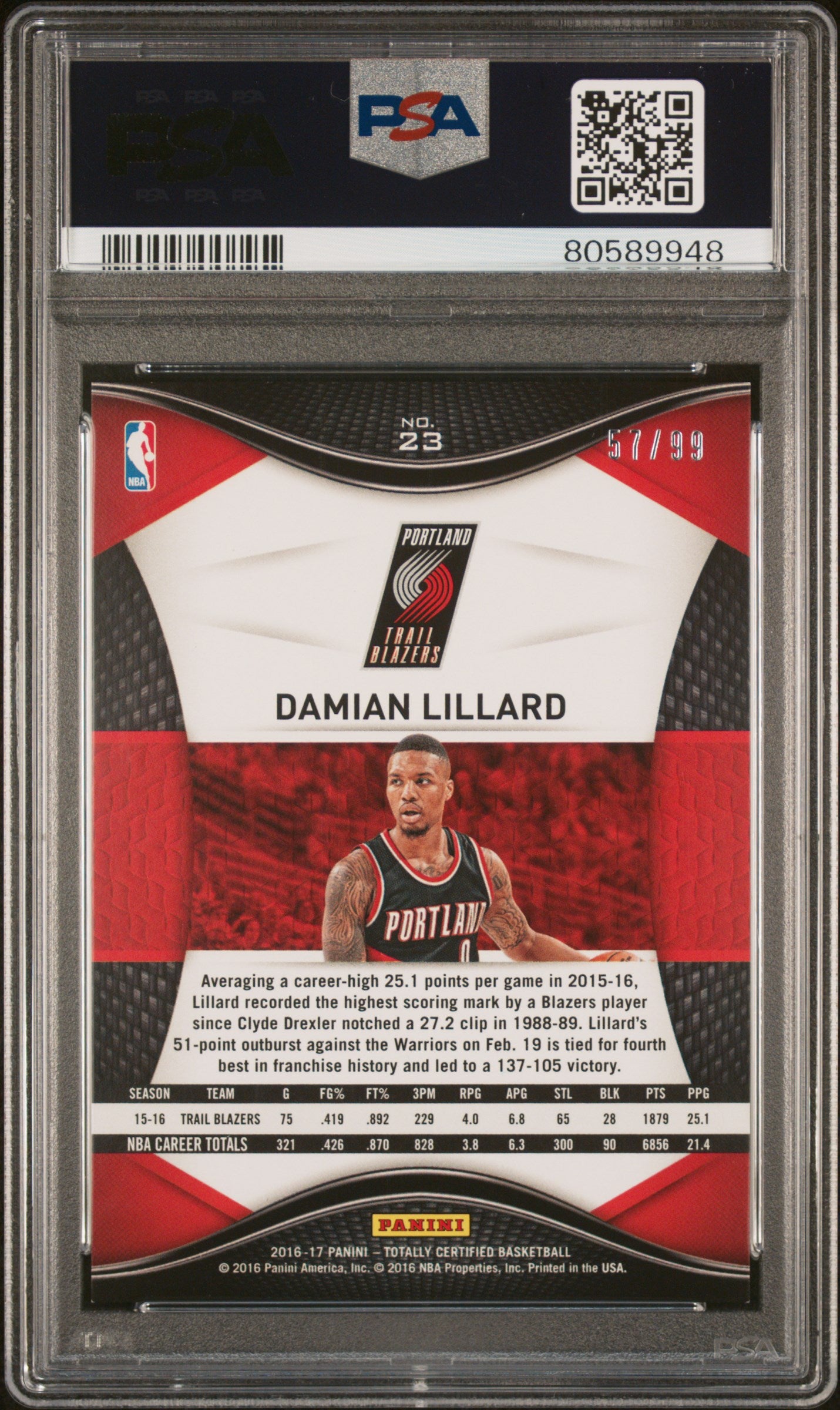 2016 Panini Totally Certified Damian Lillard #23 PSA 8