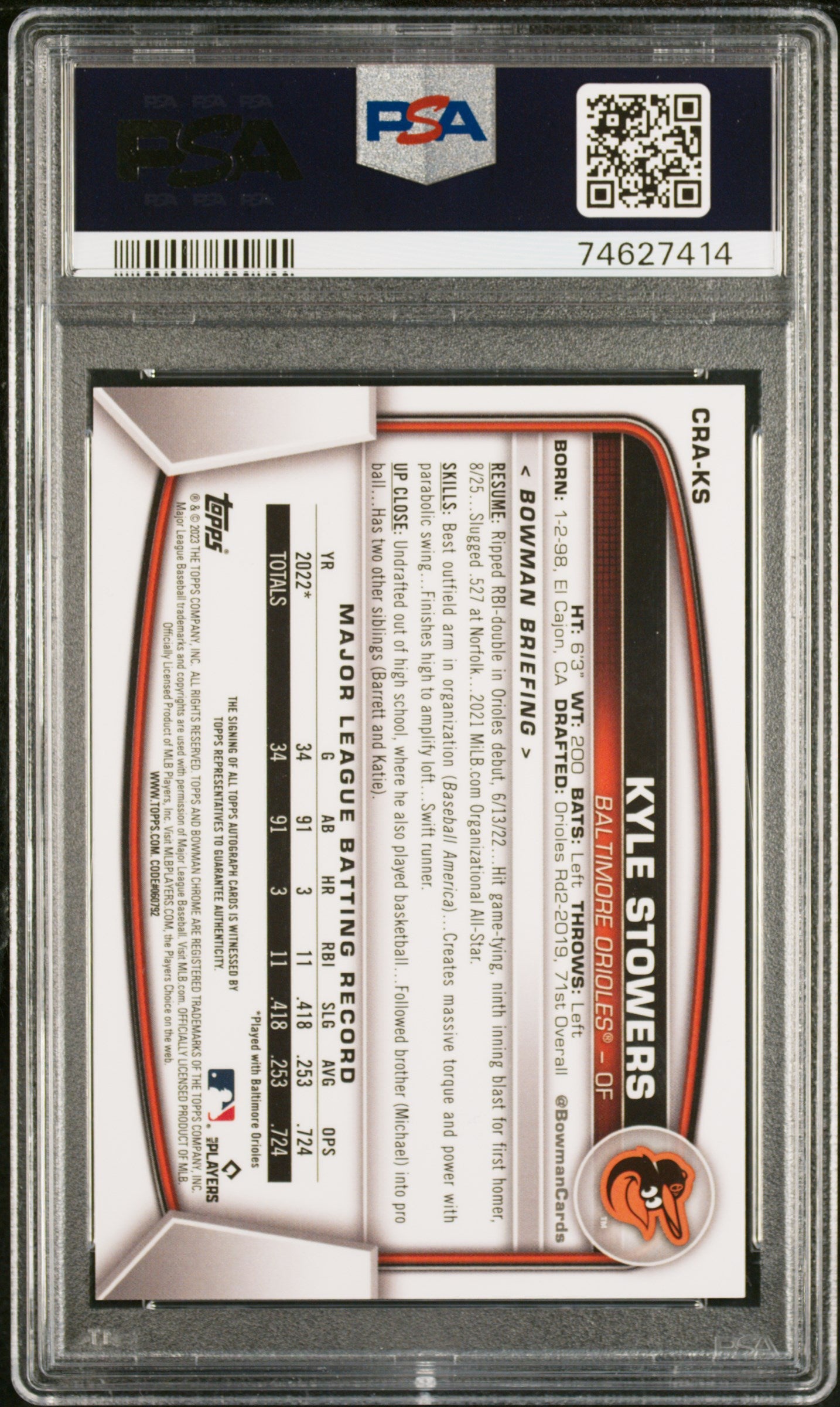2023 Bowman Chrome Rookie Autographs Kyle Stowers #CRAKS 044/150 PSA 9