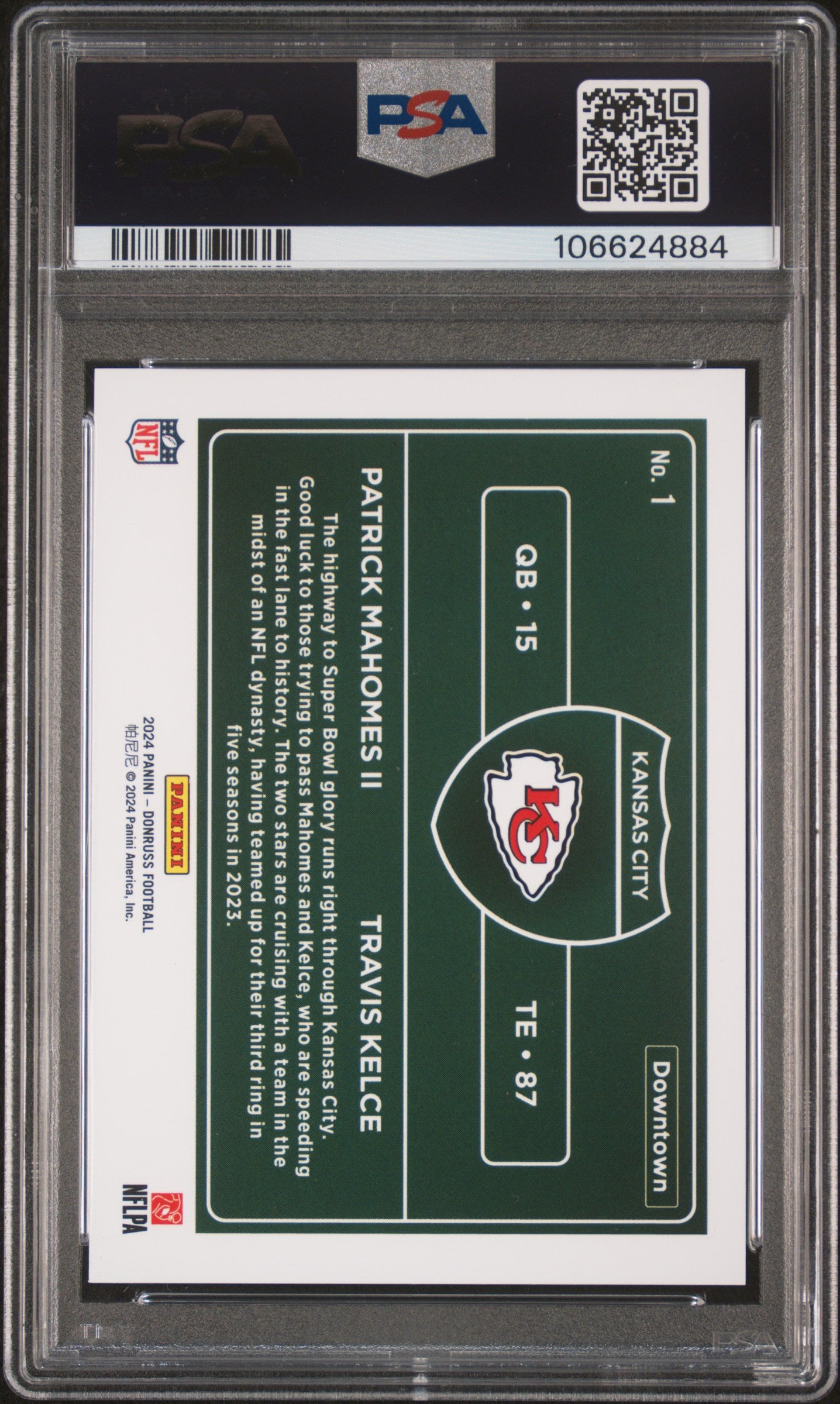 2024 Panini Donruss Downtown! Horizontal Kelce Mahomes II #1 PSA 9