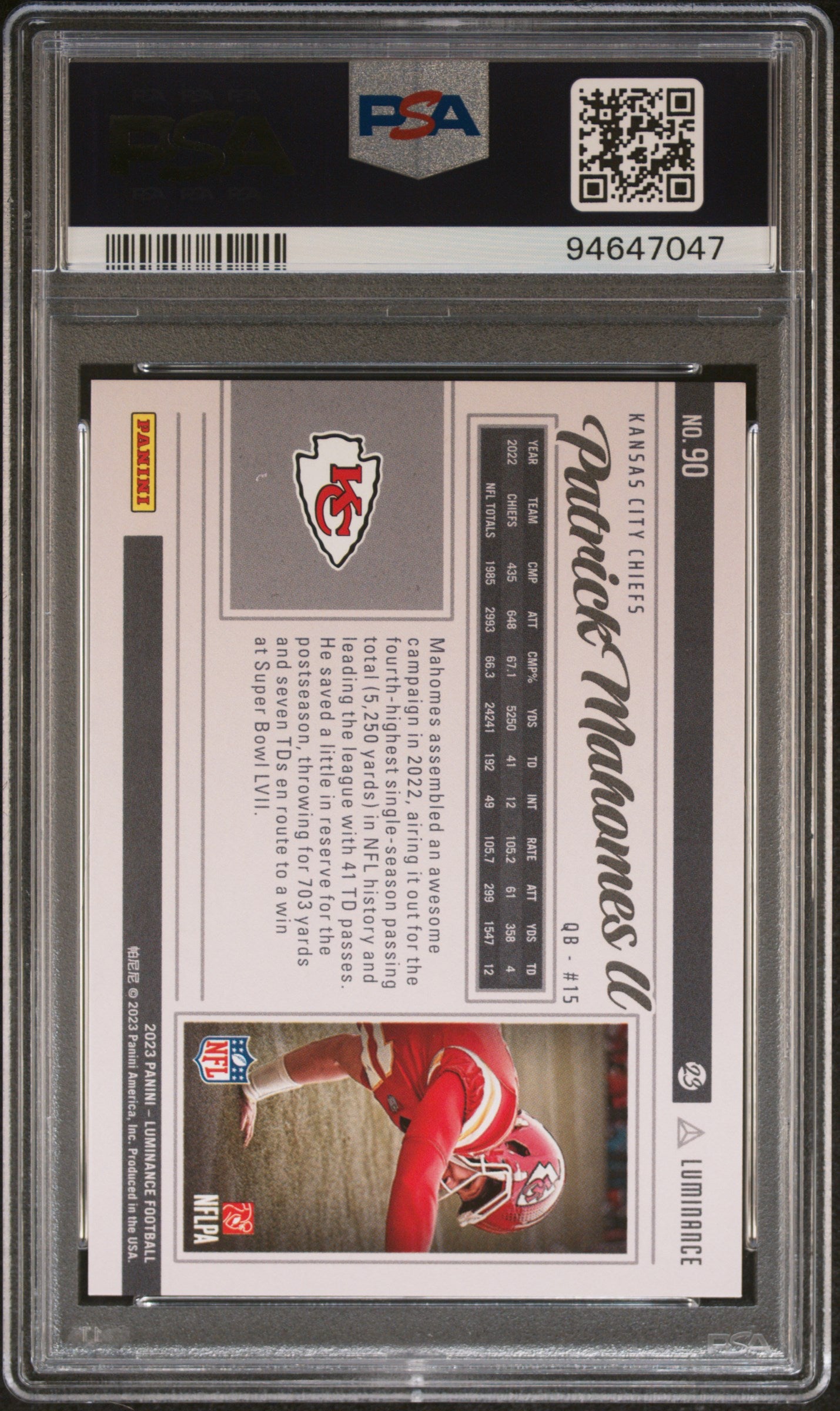 2023 Panini Luminance Patrick Mahomes II #90 075/100 PSA 9