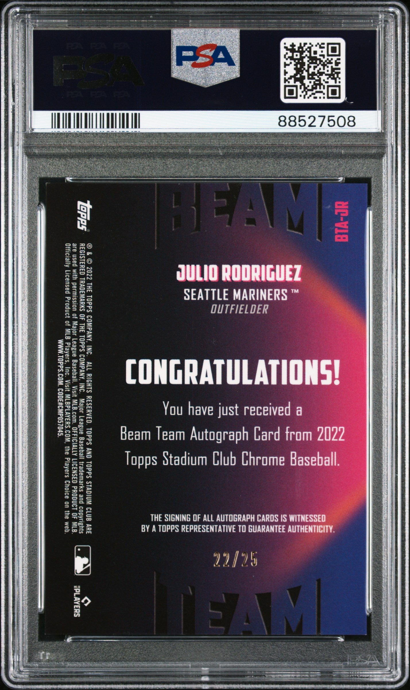 2022 Topps Stadium Club Chrome Beam Team Autographs Julio Rodriguez #BTAJR PSA 9